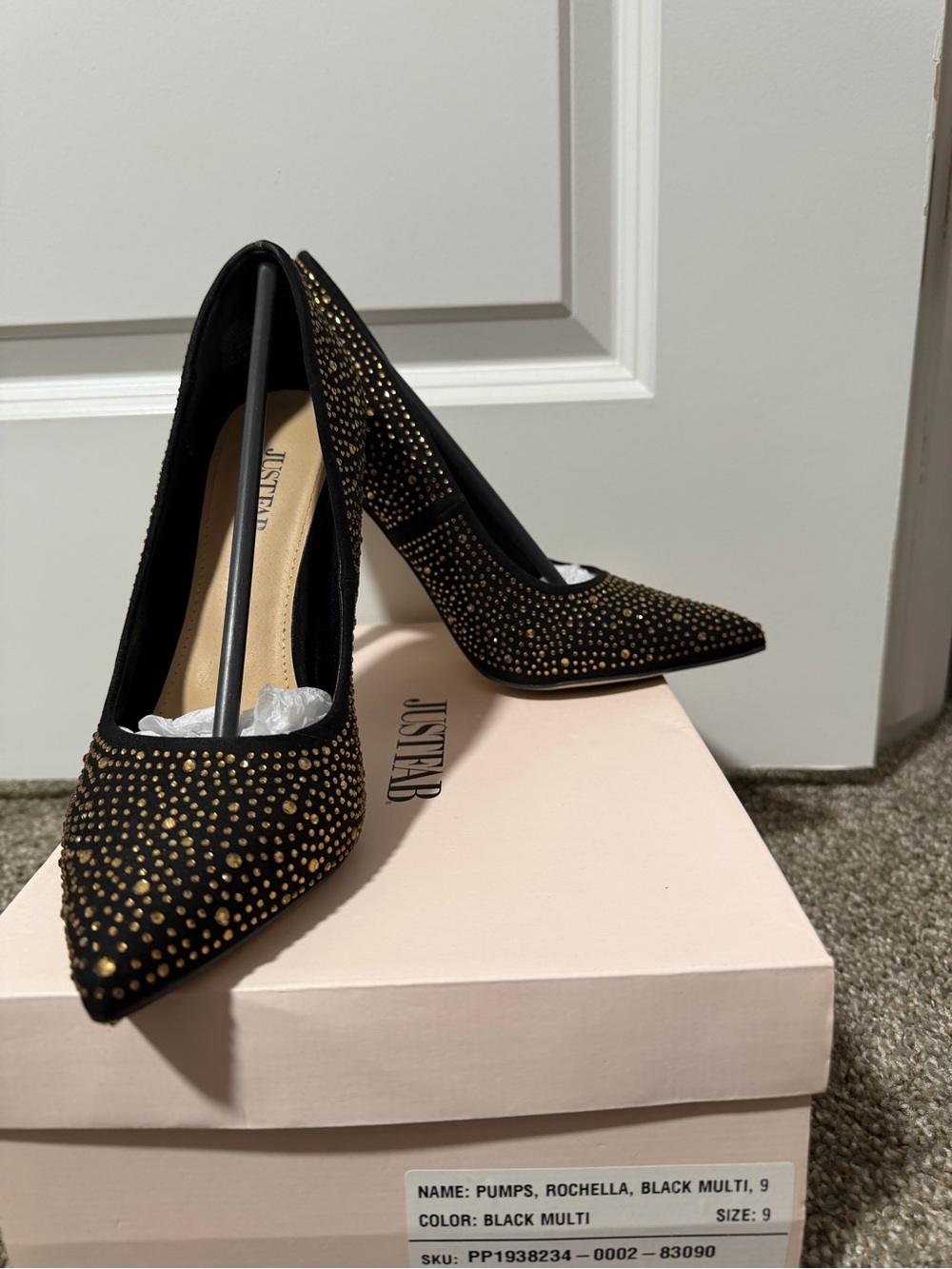 JustFab Black Pumps with Gold Stud Accents